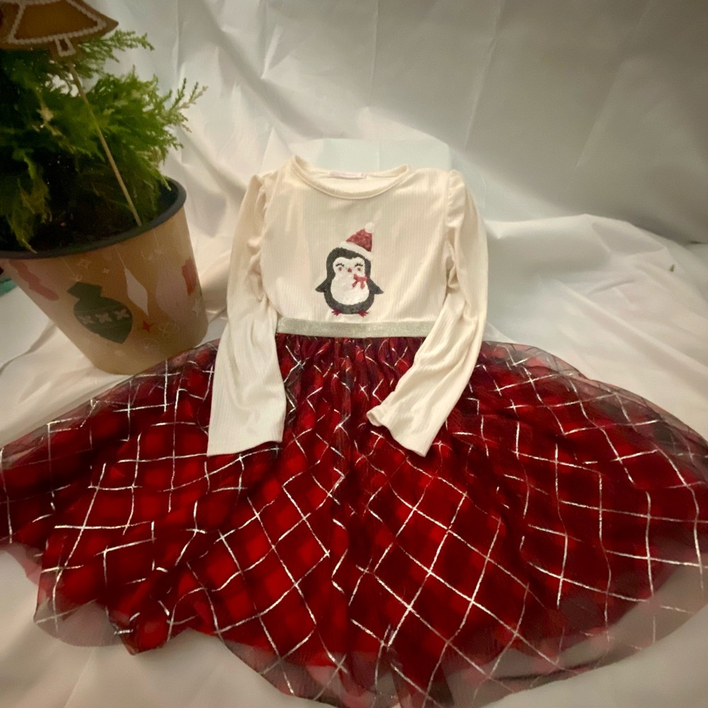Girls Cream Top and Red Tulle Penguin Party Dress